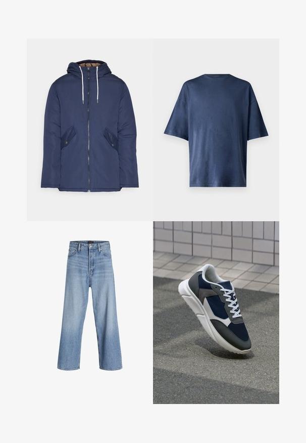 Navy plava podstava jakna s kapuljačom, koja ima prednji patentni zatvarač, dva bočna džepa s gumbima i bijele špage.; Mornarsko plava kratka majica s kratkim rukavima, izrađena od mekog materijala, ima klasičan okrugli izrez i ležeran kroj, bez vidljivih uzoraka ili naglasaka.; Svijetloplavi traper široke nogavice s visokim strukom, sa zatvaračem na gumbe, dizajnom od pet džepova i suptilnim izblijeđenjem. Čisti rubovi.; Tenisice s gornjim dijelom od mrežastog materijala tamnoplave boje, siva antilopova naglašavanja, bijela gumena potplat i ravne bijele vezice, dizajnirane za udobnost i prozračnost.