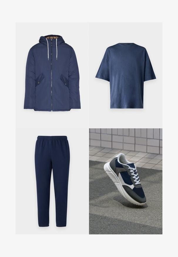 Marineblau gepadded Jacke mit Kapuze, ausgestattet mit einem Reißverschluss vorne, zwei seitlichen Taschen mit Knöpfen und weißen Kordeln.; Marineblaue Kurzarm-T-Shirt aus weichem Stoff, mit klassischen Rundhalsausschnitt und lockerer Passform, ohne sichtbare Muster oder Akzente.; Marineblaue Sweatpants aus weichem Baumwollmix, mit einem elastischen Bund und schmal zulaufenden Beinen, ohne sichtbare Muster oder Akzente.; Sneaker mit einem Obermaterial aus navyblauem Mesh, grauen Wildlederelementen, einer weißen Gummisohle und flachen weißen Schnürsenkeln, entworfen für Komfort und Atmungsaktivität.