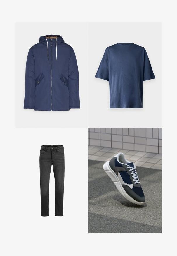 Giacca imbottita blu navy con cappuccio, dotata di zip frontale, due tasche laterali con bottoni e lacci bianchi.; Maglietta a maniche corte blu navy, realizzata in un tessuto morbido, presenta un classico colletto girocollo e una vestibilità comoda, senza motivi o dettagli visibili.; Jeans in denim nero con vestibilità dritta, design a cinque tasche e chiusura con zip. Presentano un leggero sbiadimento e cuciture a contrasto.; Sneaker con tomaia in rete blu navy, inserti in suede grigio, suola in gomma bianca e lacci bianchi piatti, progettata per comfort e traspirabilità.