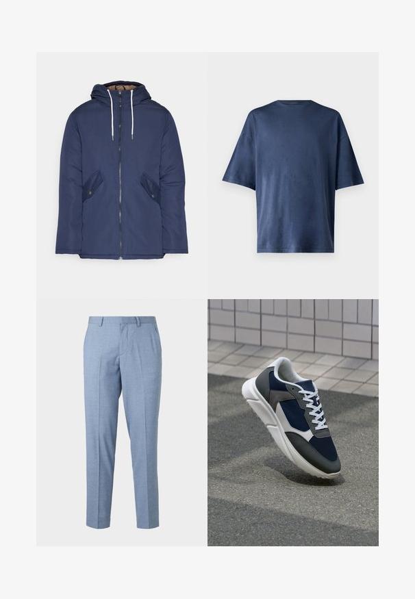 Jūrinė mėlyna pūkinė striukė su kapišonu, turinti priekinį užtrauktuką, dvi šonines kišenes su sagomis ir baltus raiščius.; Tamsiai mėlynas trumpomis rankovėmis marškinėliai, pagaminti iš minkštos medžiagos, pasižymi klasikinio apvalaus kaklo ir laisvo kirpimo, be matomų raštų ar akcentų.; Šviesiai mėlynos pritaikytos kelnės su tekstūruotu paviršiumi, pritaikyta forma ir tiesios kojų kirpimas. Yra priekinės kišenės ir diržo kilpos.; Sportiniai bateliai su tamsiai mėlynu tinkliniu viršumi, pilkais zomšiniais akcentais, balta guma padanga ir plokščiomis baltomis raištelėmis, sukurti komfortui ir oro pralaidumui.