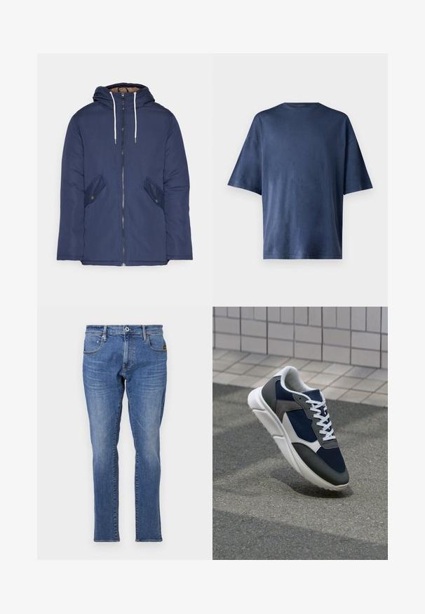 Σακάκι ναυτικού μπλε με επένδυση και κουκούλα, με φερμουάρ μπροστά, δύο πλάγιες τσέπες με κουμπιά και λευκές κορδόνες.; Σκούρο μπλε κοντομάνικο T-shirt, φτιαγμένο από μαλακό ύφασμα, διαθέτει κλασικό λαιμόκομμα και άνετη εφαρμογή, χωρίς ορατά σχέδια ή λεπτομέρειες.; Μπλε τζιν παντελόνι με κλασικό σχέδιο ευθείας γραμμής, πέντε τσέπες και πορτοκαλί λεπτομέρειες στο ράψιμο. Το ύφασμα είναι υφασμένο και ανθεκτικό.; Αθλητικά παπούτσια με επάνω μέρος από ναυτικό μπλε διχτυωτό ύφασμα, γκρι σουέτ λεπτομέρειες, λευκή καουτσούκ σόλα και επίπεδα λευκά κορδόνια, σχεδιασμένα για άνεση και αερισμό.