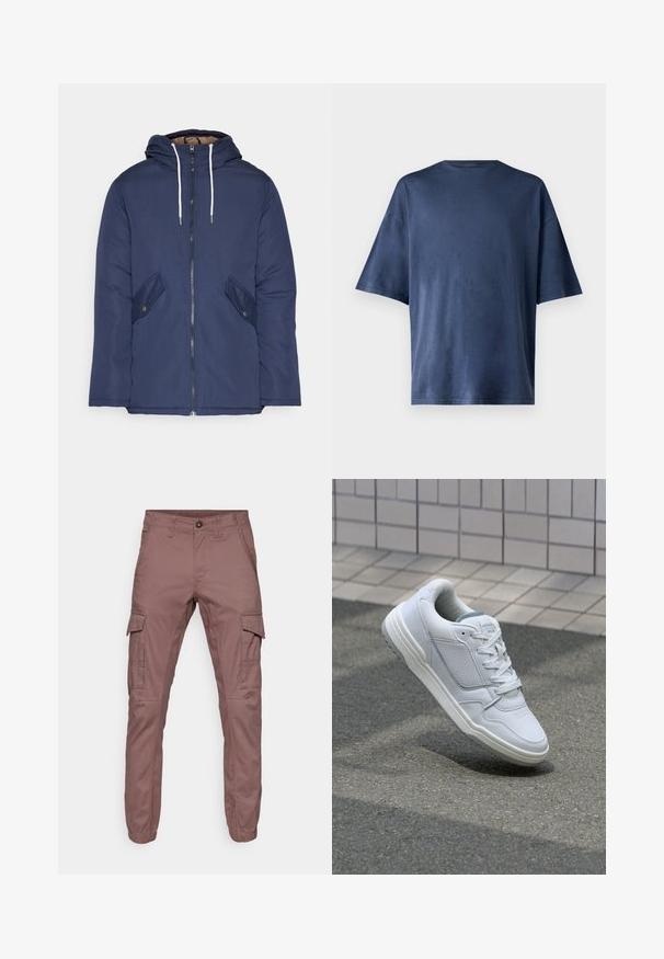 Giacca imbottita blu navy con cappuccio, dotata di zip frontale, due tasche laterali con bottoni e lacci bianchi.; Maglietta a maniche corte blu navy, realizzata in un tessuto morbido, presenta un classico colletto girocollo e una vestibilità comoda, senza motivi o dettagli visibili.; Pantaloni cargo in morbido tessuto bordeaux con polsini elasticizzati, molteplici tasche laterali e design frontale piatto, adatti per un abbigliamento casual o attività all'aperto.; Sneaker bianca in pelle con lati perforati, accenti testurizzati, lacci piatti e tallone grigio a contrasto. Presenta una suola leggermente elevata.