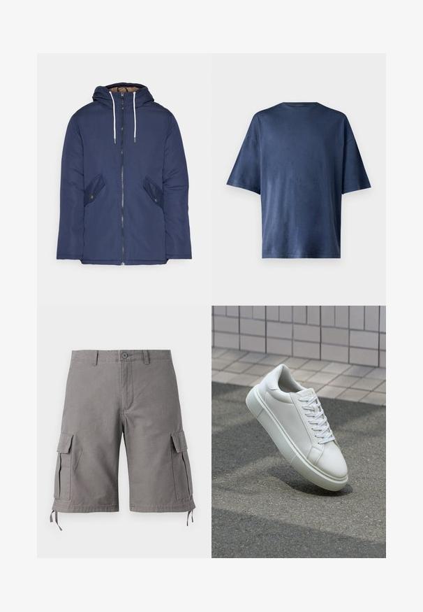 Jachetă căptușită bleu marin cu glugă, având un fermoar frontal, două buzunare laterale cu nasturi și șnururi albe.; Tricou navy blue cu mânecă scurtă, realizat dintr-un material moale, prezintă un guler clasic și o croială lejeră, fără modele sau accente vizibile.; Șorturi cargo gri dintr-o țesătură de bumbac. Prezintă buzunare laterale, șnururi ajustabile la tiv și închidere cu buton.; Sneaker alb din piele cu o suprafață netedă, vârf rotund și șireturi plate albe. Dispune de o talpă din cauciuc texturată și elemente de design minimale.