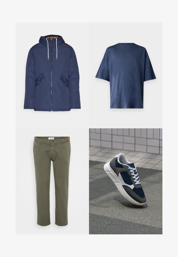 Veste matelassée bleu marine avec capuche, dotée d'une fermeture éclair à l'avant, de deux poches latérales avec boutons et de cordons de serrage blancs.; T-shirt navy bleu à manches courtes, fabriqué en tissu doux, présente un col rond classique et une coupe décontractée, sans motifs ni accents visibles.; Chinos vert olive avec une coupe droite, fabriqués en coton avec une légère texture, dotés d'une fermeture à bouton et de passants de ceinture.; Baskets avec une tige en mesh bleu marine, des accents en suède gris, une semelle en caoutchouc blanc et des lacets plats blancs, conçues pour le confort et la respirabilité.