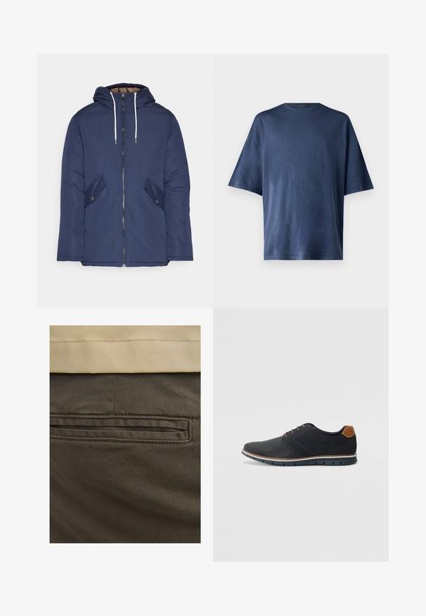 Navy plava podstava jakna s kapuljačom, koja ima prednji patentni zatvarač, dva bočna džepa s gumbima i bijele špage.; Mornarsko plava kratka majica s kratkim rukavima, izrađena od mekog materijala, ima klasičan okrugli izrez i ležeran kroj, bez vidljivih uzoraka ili naglasaka.; Smeđe pamučne hlače s vidljivom stražnjom džepom, naglašenim suptilnim šavovima i glatkom teksturom. Pojas je kontrastne bež boje.; Crne sintetičke cipele s teksturiranim gornjim dijelom, glatkim akcentima, smešnim petom i kontrastnom potplatom. Imaju minimalne vezice i detalje šivanja.