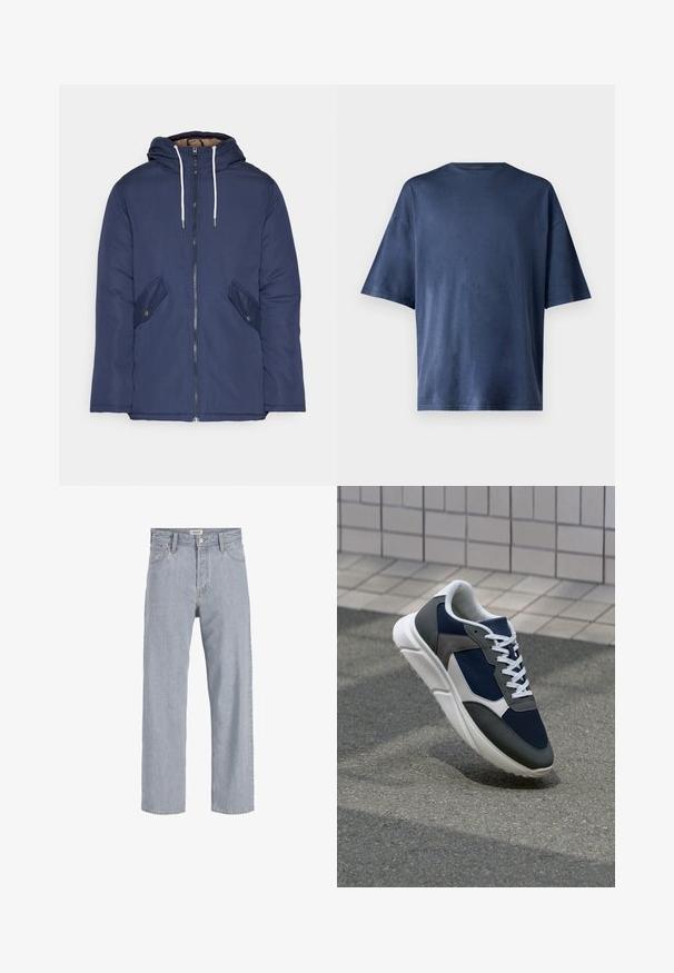 Jūras zila pufīgā jaka ar kapuci, kas aprīkota ar priekšējo rāvējslēdzēju, divām sānu kabatām ar pogām un baltiem aukliņām.; Navy zila īsām piedurknēm T-kreklā, izgatavots no mīksta auduma, ar klasisku apaļu kaklu un brīvu piegriezumu, bez redzamām rakstu vai akcentu detaļām.; Gai zils džinsu audums ar brīvu piegriezumu, taisnu kāju dizainu, redzamām šuvēm, divām priekšējām kabatām un pogu aizdari.; Sporta apavi ar tumši zilas krāsas tīkla augšdaļu, pelēku zamšādas akcentiem, baltu gumijas zoli un plakaniem baltiem šņorēm, kas izstrādāti komfortam un elpojamībai.
