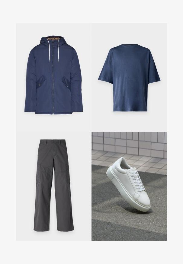 Mornarsko modra podložena jakna s kapuco, ki ima sprednji zadrgo, dva stranska žepa s gumbi in bele vrvice.; Temno modra kratka majica s kratkimi rokavi, izdelana iz mehkega materiala, ima klasičen kroj ovratnika in sproščen fit, brez vidnih vzorcev ali poudarkov.; Jack & Jones JJKNOCKOUT WIDE FIT - Hlačami s stranskimi žepi - asphalt; Bela usnjena teniska obutev z gladko površino, okroglo konico in ravnimi belimi vezalkami. Ima teksturiran gumijast podplat in minimalne oblikovalske elemente.