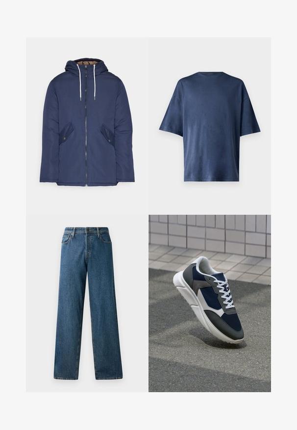 Tumesinine vahtkatseline jakk, millel on kapuuts, esilukk, kaks küljetaskut nupuga ja valged tõmblukud.; Tumesinine lühikeste varrukatega T-särk, valmistatud pehmest kangast, omab klassikalist ümarat kaelust ja mugavat lõiget, ilma nähtavate mustrite või aktsentideta.; Tumedad sinine teksased, millel on mugav istuvus, sirged jalad, viis taskut ja kontrastne õmblemine. Esipaneelil on nupuga ja lukuga kinni minek.; Sneaker, mille sinine võrkkangas, hallid nubukdetailid, valge kummitald ja lamedad valged paelad, disainitud mugavuseks ja hingavuseks.