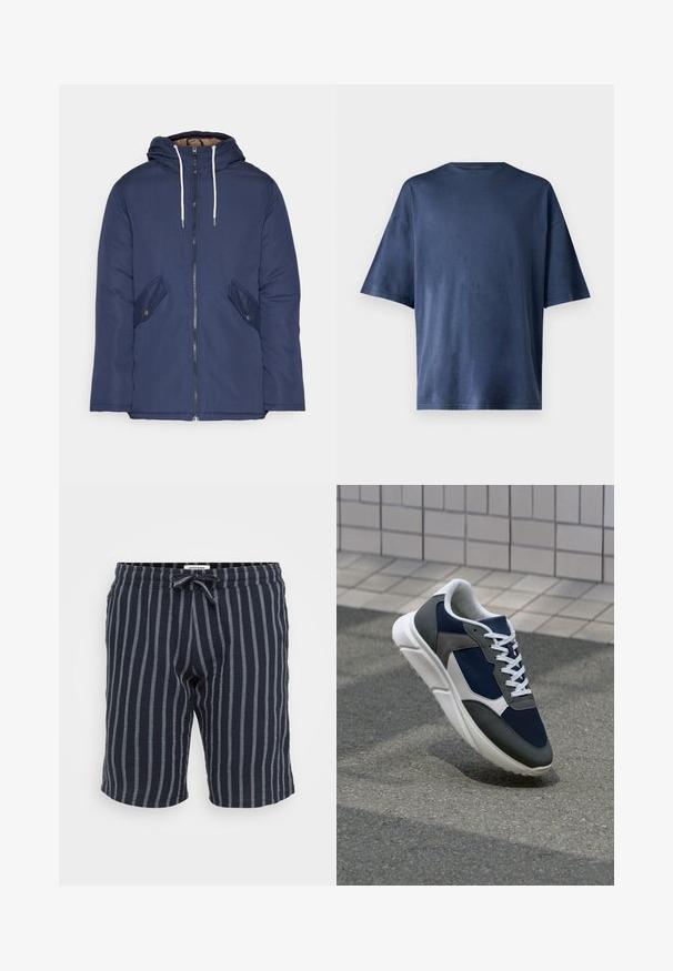 Námorně modrá prošívaná bunda s kapucí, která má přední zip, dvě boční kapsy s knoflíky a bílé šňůrky.; Tmavě modré tričko s krátkým rukávem, vyrobené z měkké tkaniny, má klasický kulatý výstřih a volný střih, bez viditelných vzorů nebo akcentů.; Páskové šortky v námořnické modré barvě vyrobené z lehké látky, s elastickým páskem na šňůrku a vertikálními světle modrými pruhy.; Tenisky s horní částí z námornicky modré síťoviny, šedými semišovými akcenty, bílou gumovou podrážkou a plochými bílými tkaničkami, navržené pro pohodlí a prodyšnost.