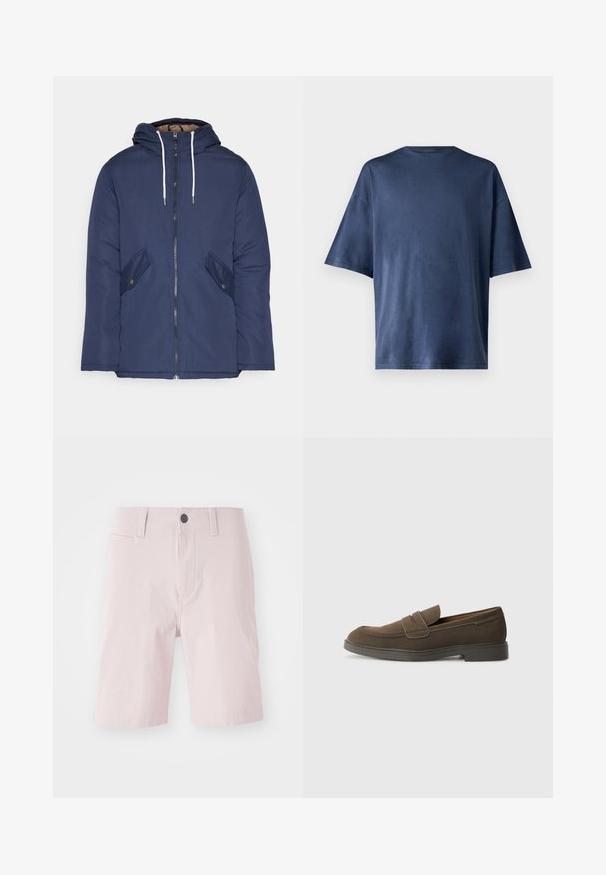 Mornarsko modra podložena jakna s kapuco, ki ima sprednji zadrgo, dva stranska žepa s gumbi in bele vrvice.; Temno modra kratka majica s kratkimi rokavi, izdelana iz mehkega materiala, ima klasičen kroj ovratnika in sproščen fit, brez vidnih vzorcev ali poudarkov.; Lahke roza hlače iz bombaža, z ravnim sprednjim delom, zankami za pas, enim gumbom za zapiranje in stranskimi žepi. Gladka tekstura.; Rjavi semenski loafers s zaobljenim nosom, trak iz čez zgornji del in ravnim gumijastim podplatom. Enostavna oblika z čistimi linijami in minimalnim okrasjem.