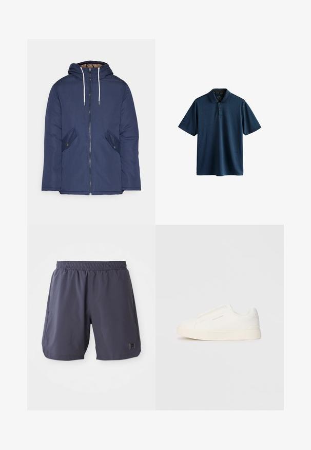 Jūrinė mėlyna pūkinė striukė su kapišonu, turinti priekinį užtrauktuką, dvi šonines kišenes su sagomis ir baltus raiščius.; Jūrinės spalvos polo marškiniai pagaminti iš kvėpuojančio audinio, turintys geometrinį raštą, trumpas rankoves ir dviem mygtukais užsegamą apykaklę.; Tamsiai pilkos elastingos juosmens sportinės šortai su šoninėmis kišenėmis ir maža logotipo etikete dešinėje apatinėje kojoje.; Baltos slip-on sportbačiai su tekstūruota paviršiumi, storesniu padu ir minimalistišku dizainu. Šone matosi prekės ženklo logotipas.