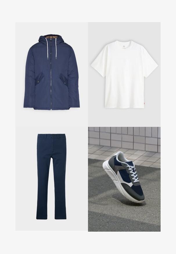 Marineblauwe gewatteerde jas met een capuchon, voorzien van een rits aan de voorkant, twee zijzakken met knopen en witte trekkoorden.; Witte pique t-shirt met korte mouwen van katoen en een ronde hals. Heeft een subtiele reliëf logo-detail aan de voorkant en een rood label aan de zoom.; Marineblauwe katoenen broek met een rechte pijpontwerp, voorzien van een voorzak, een ritsgulp en een enkele knoopsluiting.; Sneaker met een marineblauwe mesh bovenwerk, grijze suède accenten, witte rubberen zool en platte witte veters, ontworpen voor comfort en ademend vermogen.