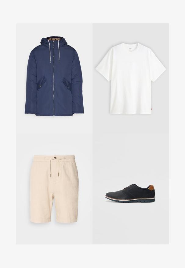 Sötétkék bélelt dzseki kapucnival, elülső cipzárral, két oldalsó zsebbel gombokkal és fehér húzózsinórokkal.; Fehér, rövid ujjú pamut póló, kerek nyakkivágással. Az elülső részen finom, domború logós részlet található, valamint egy piros cimke az alsó szegélyen.; Scotch & Soda SEASONAL CORE BERMUDA - Rövidnadrágok - soft camel; Fekete szintetikus cipők, textúrált felsőrésszel, sima díszítésekkel, barna sarkával és kontrasztos talppal. Minimális fűzéssel és varrási részletekkel rendelkezik.