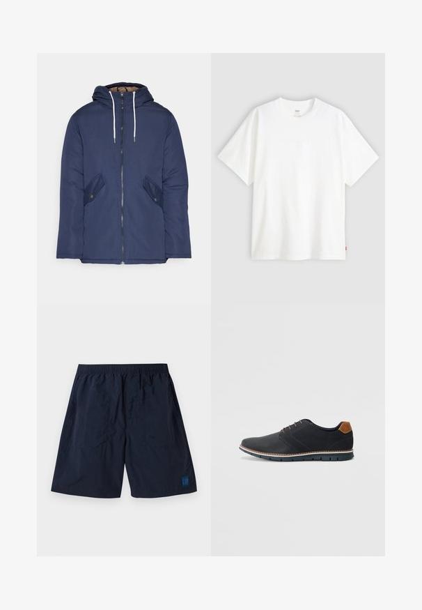 Laivasilkkinen vuorattu takki hupulla, jossa on etuvetoketju, kaksi nappikiinnityksellä varustettua sivutaskua ja valkoiset nyörit.; Valkoinen lyhythihainen t-paita, joka on valmistettu puuvillasta ja jossa on pyöreä pääntie. Etupuolella on hienovarainen kohokuvioitu logo ja helmassa punainen etiketti.; Tummansiniset shortsit, jotka on valmistettu kevyestä materiaalista, ja niissä on elastinen vyötärö sekä pieni neliönmuotoinen GAP-logo oikeassa alareunassa.; Mustat synteettiset kengät, joissa on teksturoitu päällinen, sileät yksityiskohdat, ruskea kanta ja erottuva pohja. Ominaisuuksina minimaalinen nauhoitus ja ompeluyksityiskohdat.