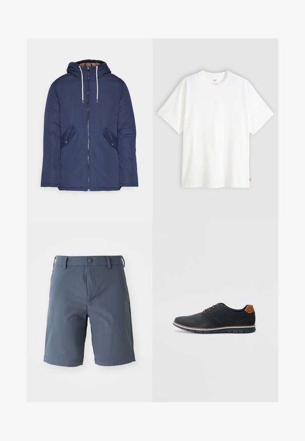 Giacca imbottita blu navy con cappuccio, dotata di zip frontale, due tasche laterali con bottoni e lacci bianchi.; T-shirt bianco a maniche corte in cotone con collo rotondo. Presenta un discreto dettaglio logo in rilievo sulla parte frontale e un'etichetta rossa sull'orlo.; Pantaloni corti grigi, lunghezza ginocchio, realizzati in tessuto leggero; presentano una chiusura con bottone, passanti per cintura e tasche laterali con una texture liscia.; Scarpe sintetiche nere con tomaia testurizzata, dettagli lisci, tacco marrone e suola a contrasto. Presentano una lacerazione minimale e dettagli di cucitura.