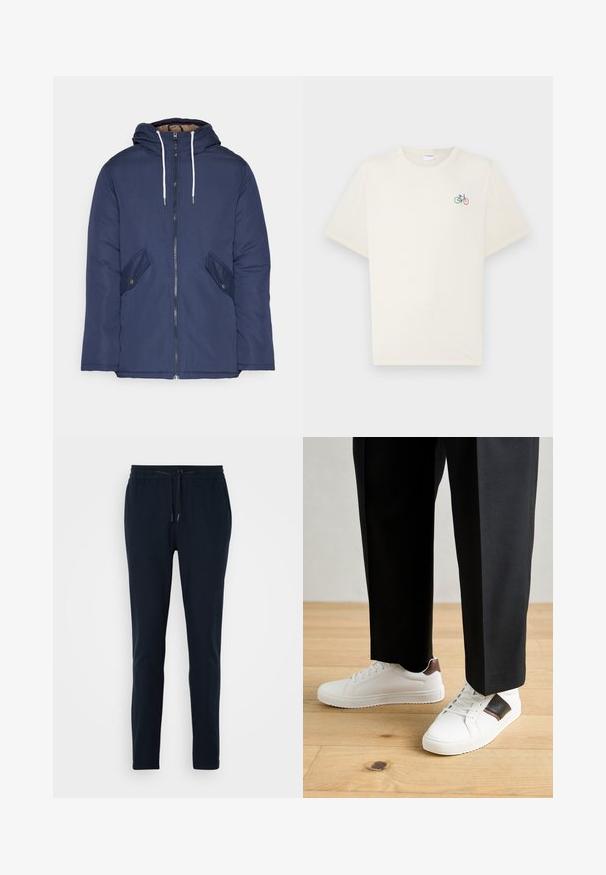 Marineblå polstret jakke med hette, med glidelås foran, to sidelommer med knapper og hvite snorer.; Kremfarget bomull T-skjorte med korte ermer, med et lite flerfarget sykkelgrafikk på venstre bryst.; Mørkeblå joggebukser laget av myk stoff med elastisk midjebånd, justerbar snor og smal passform.; Hvite sneakers med glatt tekstur, med brune skinnakenter og svart detaljer, parret med svarte skreddersydde bukser. Bakgrunn med tregulv.