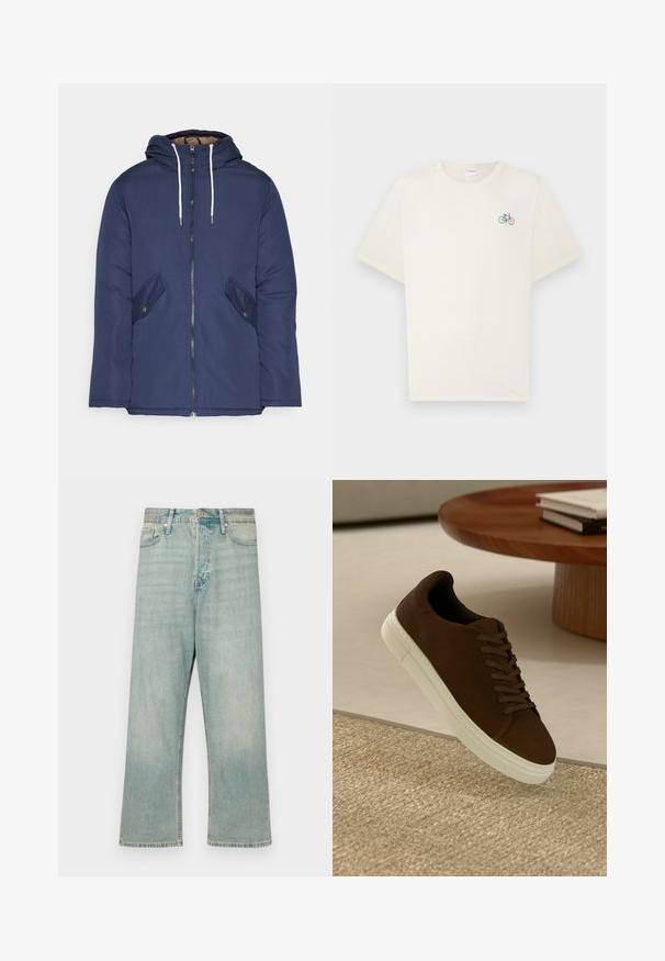 Jūrinė mėlyna pūkinė striukė su kapišonu, turinti priekinį užtrauktuką, dvi šonines kišenes su sagomis ir baltus raiščius.; Grietos spalvos medvilnės marškinėliai trumpomis rankovėmis, su maža daugiagysle dviratį grafika kairėje krūtinės pusėje.; Šviesiai mėlyni džinsai su laisvu kirpimu, tiesiomis kojomis ir nublukusiu paviršiumi; turi klasikinį mygtuko ir užtrauktuko uždarymą.; Rudi suede sportbačiai su plokščiomis raištelėmis ir balta gumine padu, su apvaliu pirštu ir minimalistiniu dizainu, padėti ant tekstūruoto paviršiaus.