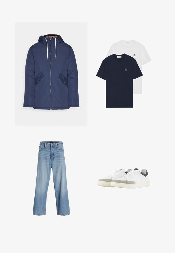 Marineblau gepadded Jacke mit Kapuze, ausgestattet mit einem Reißverschluss vorne, zwei seitlichen Taschen mit Knöpfen und weißen Kordeln.; Zwei T-Shirts: eines marineblau mit einem runden Logo, das andere weiß mit einem kleinen Ankerdesign. Aus Baumwolle, kurzärmlig.; Helle blaue weit geschnittene Jeans aus Denim, mit hoher Taille, klassischem Fünf-Taschen-Design und Knopfverschluss mit Reißverschluss.; Weiße Sneaker mit einem strukturierten Mesh und einer grauen Wildleder-Zehenkappe. Merkmale sind ein dunkelblauer Fersenakzent und eine dicke Gummisohle mit Rillen.