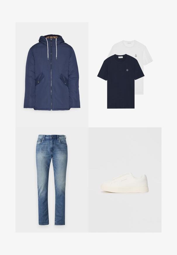 Tumesinine vahtkatseline jakk, millel on kapuuts, esilukk, kaks küljetaskut nupuga ja valged tõmblukud.; Kaks t-särki: üks tume sinine ringikujulise logoga, teine valge, millel on väike ankru kujundus. Valmistatud puuvillast, lühikeste varrukatega.; Heledad sinine teksaseelik sirge lõikega, viie taskuga ja kulunud pesuga. Omab nööpkinnitust ja vöökohas olevaid silmuseid.; Valged libisemiskindlad tossud tekstuuriga pinnaga, paksu tallaga ja minimalistikus disainis. Küljel on brändi logo.