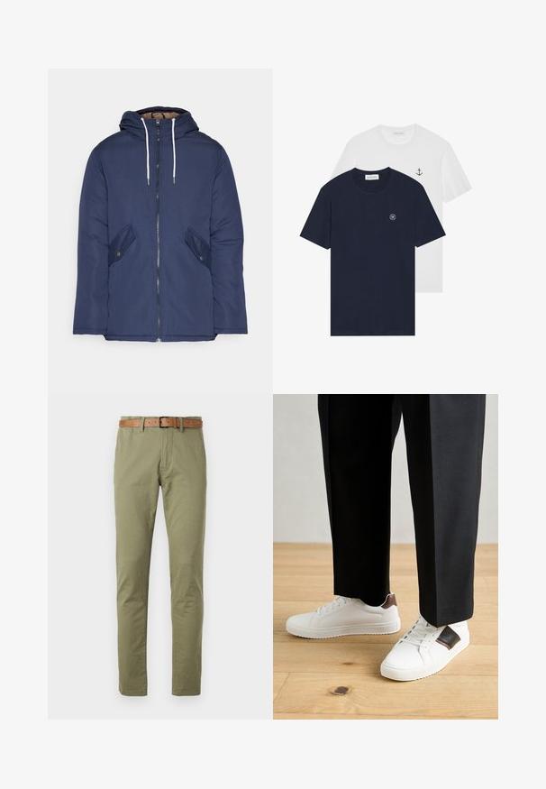 Marineblauwe gewatteerde jas met een capuchon, voorzien van een rits aan de voorkant, twee zijzakken met knopen en witte trekkoorden.; Twee t-shirts: de ene marineblauw met een rond logo, de andere wit met een klein ankerontwerp. Gemaakt van katoen, met korte mouwen.; Olijfgroene katoenen broek met een rechte pijp, voorzien van een bruine leren riem en een gladde textuur. Eenvoudige voorzakken.; Witte sneakers met een gladde textuur, voorzien van bruine lederen accenten en zwarte details, gecombineerd met zwarte maatpakken. Achtergrond van houten vloeren.