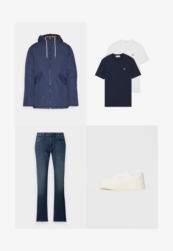 Laivasilkkinen vuorattu takki hupulla, jossa on etuvetoketju, kaksi nappikiinnityksellä varustettua sivutaskua ja valkoiset nyörit.; Kaksi t-paitaa: yksi tummansininen, jossa on pyöreä logo, toinen valkoinen, jossa on pieni ankkurimuotoilu. Valmistettu puuvillasta, lyhythihaisista.; Tumman siniset farkut, joissa on pieni levennys alaosassa, muotoiltu vyötärö, viisi taskua ja huomaamaton haalistuminen helman lähellä.; Valkoiset liukusukat, joissa on teksturoitu pinta, paksu pohja ja minimalistikot. Sivulla on brändin logo.