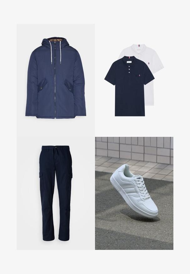 Marineblå polstret jakke med hette, med glidelås foran, to sidelommer med knapper og hvite snorer.; To polo skjorter: en marineblå og en hvit, begge med en liten rød, hvit og blå aksent på brystlommen og kragen.; Marineblå cargo-bukser laget av slitesterkt stoff, med to sidelommer og strikk i midjen for justerbar passform.; Hvit atletisk sneaker med glatt skinnoverside, snøring foran, perforert tå og mønstrets såle. Minimalistisk design med tre side-striper.