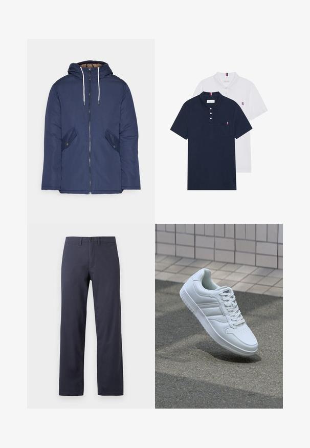 Veste matelassée bleu marine avec capuche, dotée d'une fermeture éclair à l'avant, de deux poches latérales avec boutons et de cordons de serrage blancs.; Deux polos : un bleu marine et un blanc, tous deux avec un petit accent rouge, blanc et bleu sur la poche poitrine et le col.; Pantalons droits bleu foncé en tissu mélangé coton. Comprend une fermeture à boutons à l'avant, des passants de ceinture et deux poches latérales.; Baskets blanches de sport avec une tige en cuir lisse, un laçage à l'avant, une pointe perforée et une semelle à motifs. Design minimaliste avec trois bandes latérales.