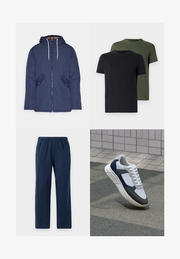 Mornarsko modra podložena jakna s kapuco, ki ima sprednji zadrgo, dva stranska žepa s gumbi in bele vrvice.; Dve majice s okroglim izrezom v črni in olivno zeleni barvi, narejene iz mehkega bombažnega materiala. Oblikovanje je preprosto, z kratkimi rokavi in ravnim krojem.; Temno modri hlače z elastičnim pasom in sproščenim krojem. Imajo navpične šive in mehko bombažno teksturo.; Bela, mornarsko modra in siva športna obutev z mešano materialno zasnovo, ki vključuje teksturirano zgornji del, ravne vezalke in oblazinjen podplat.