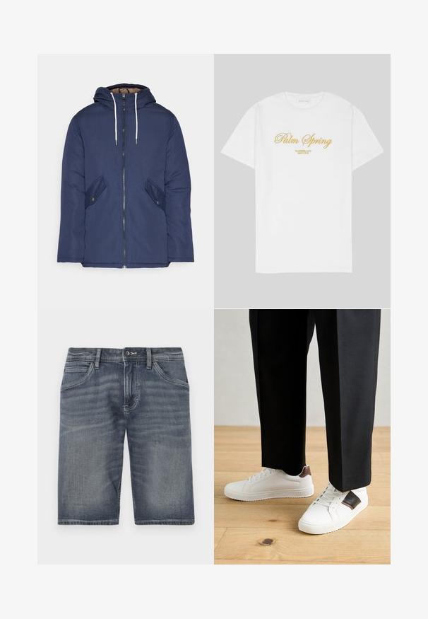 Marineblauwe gewatteerde jas met een capuchon, voorzien van een rits aan de voorkant, twee zijzakken met knopen en witte trekkoorden.; Witte katoen t-shirt met gouden tekst waarop staat "Palm Spring" met daaronder "California Love Eighty Five", ontspannen pasvorm, ronde hals.; Denim shorts in een vervaagde blauwe tint, met een knoop- en ritssluiting, vijf zakken en zichtbare stikdetails.; Witte sneakers met een gladde textuur, voorzien van bruine lederen accenten en zwarte details, gecombineerd met zwarte maatpakken. Achtergrond van houten vloeren.