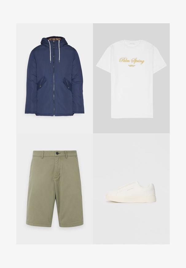 Jūras zila pufīgā jaka ar kapuci, kas aprīkota ar priekšējo rāvējslēdzēju, divām sānu kabatām ar pogām un baltiem aukliņām.; Baltas kokvilnas T-krekls ar zelta tekstu, kas saka "Palm Spring" ar "California Love Eighty Five" zem tā, brīva piegriezuma, apaļspalvainais dizains.; Kaki šorti, kas izgatavoti no kokvilnas, ar jostas cilpām, priekšējo pogu un viegli plakanu dizainu bez kabatām.; Baltas slip-on sporta apavi ar teksturētu virsmu, biezu zoli un minimālistisku dizainu. Sānos redzams zīmola logotips.