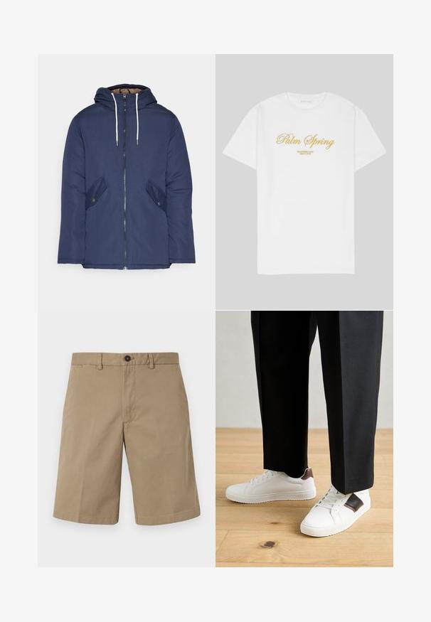 Laivasilkkinen vuorattu takki hupulla, jossa on etuvetoketju, kaksi nappikiinnityksellä varustettua sivutaskua ja valkoiset nyörit.; Valkoinen puuvillapaita, jossa on kultainen teksti "Palm Spring" ja sen alla "California Love Eighty Five". Rentomalli, pyöreä kaula-aukko.; Vaaleat puuvillahousut, joissa on suora leikkaus, kaksi etutaskua ja nappikiinnitys. Suhteellisen sileä pinta ja minimalistinen muotoilu.; Valkoiset tennarit, joissa on sileä pinta, ruskealla nahka-akentilla ja mustilla yksityiskohdilla, yhdistetty mustiin räätälöityihin housuihin. Taustalla puulattia.