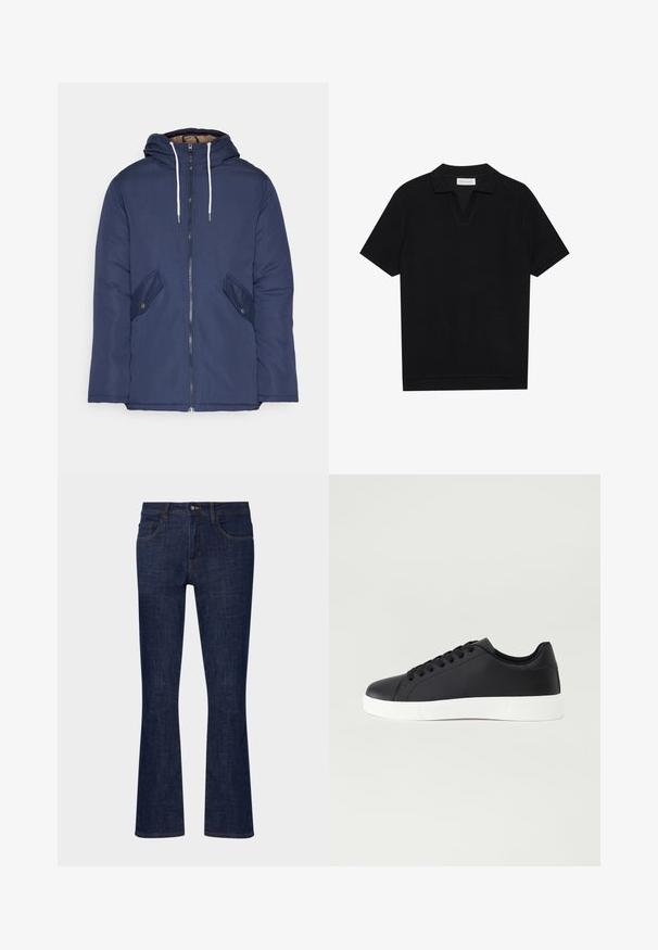 Veste matelassée bleu marine avec capuche, dotée d'une fermeture éclair à l'avant, de deux poches latérales avec boutons et de cordons de serrage blancs.; Polo shirt noir à manches courtes avec un tissu texturé et côtelé, présentant un col en V et un ourlet droit. Pas de logos ni de motifs visibles.; Jeans en denim bleu foncé évasés avec une taille mi-haute, cinq poches et des coutures contrastées. Texture lisse avec peu d'usure.; Pier One UNISEX - Baskets basses - black