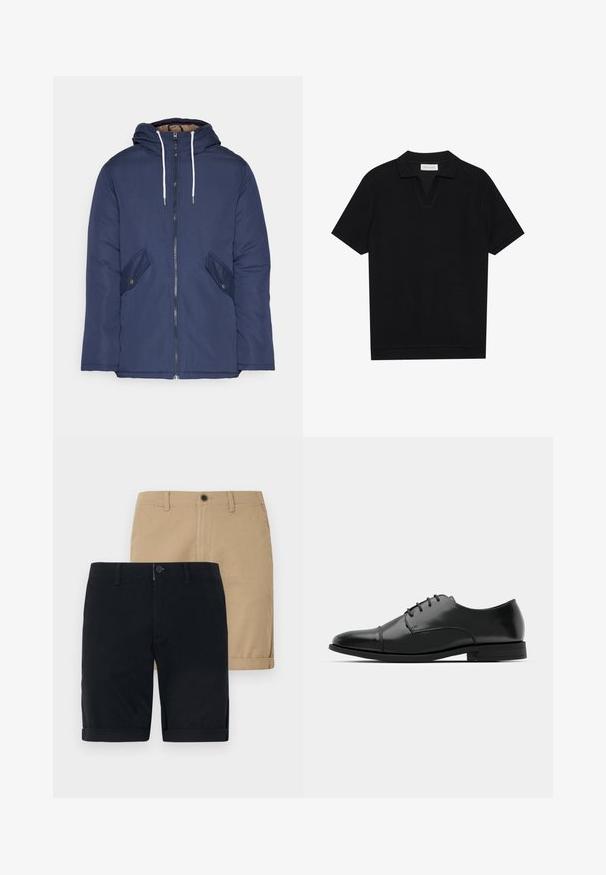 Navy blue padded jacket with a hood, featuring a front zipper, two side pockets with buttons, and white drawstrings.; Black short-sleeve polo shirt with a textured, ribbed fabric, featuring a v-neckline and a straight hem. No visible logos or patterns.; Two pairs of shorts: one navy blue and one khaki. Both are made of cotton, feature a flat front, roll-up hem, and a button closure.; Black leather dress shoe with a rounded toe, lace-up design, subtle stitching details, and a low heel. Smooth texture with polished finish.