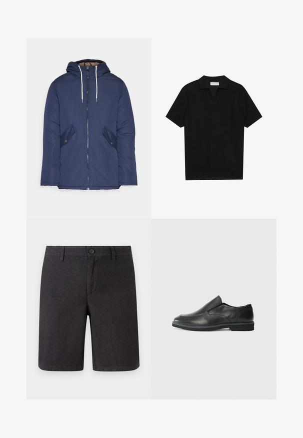 Tumesinine vahtkatseline jakk, millel on kapuuts, esilukk, kaks küljetaskut nupuga ja valged tõmblukud.; Must päikesepolo särk mustas värvitoonis, valmistatud tekstuurses ribakangas, millel on V-kaelus ja sirge äär. Ilma nähtavate logode või mustriteta.; Tumed hallid lühikesed püksid, mis on valmistatud kudumisest, omavad nööbi kinnitust, vöökohavööd ja sirget jala disaini, puhaste äärte ja küljataskutega.; Must musta laia suuga king, millel on sile ülemine osa, õmmeldud detailid, ümmargune nina ja madal kummist konts. Tallal on minimaalne mustr.