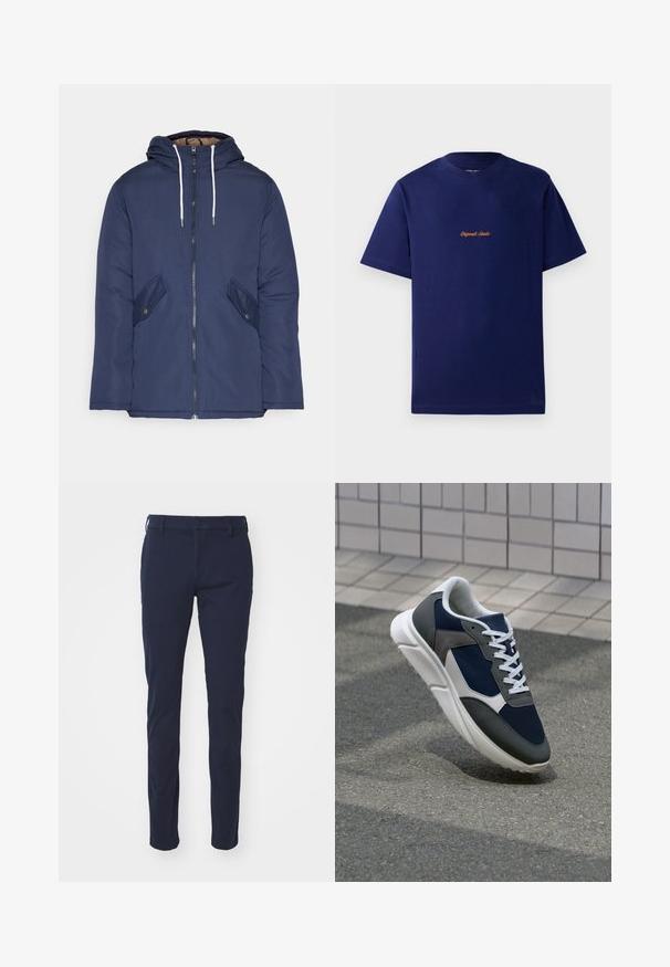 Navy plava podstava jakna s kapuljačom, koja ima prednji patentni zatvarač, dva bočna džepa s gumbima i bijele špage.; Tamno plava pamučna majica s kratkim rukavima. Ima mali, narančasti izvezeni logo na prsima. Klasičan dizajn s okruglim izrezom.; Tamno plave hlače s glatkom teksturom, uskog kroja, s petljama za remen, kopčanjem na gumb i prednjim džepovima. Nema vidljivih uzoraka ili detalja.; Tenisice s gornjim dijelom od mrežastog materijala tamnoplave boje, siva antilopova naglašavanja, bijela gumena potplat i ravne bijele vezice, dizajnirane za udobnost i prozračnost.