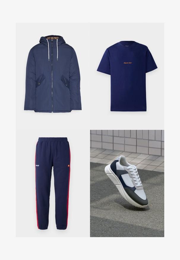 Casaco acolchoado azul-marinho com capuz, apresentando um fecho frontal com zíper, dois bolsos laterais com botões e cordões brancos.; T-shirt de algodão azul-marinho com mangas curtas. Apresenta um pequeno logótipo bordado laranja no peito. Design clássico de gola redonda.; Calças de moletão azul-marinho com riscas vermelhas laterais, cintura elástica e um pequeno logótipo em forma circular no lado esquerdo da coxa.; Sapatilhas brancas, azuis-marinho e cinzas com um design de materiais mistos, apresentando uma parte superior texturizada, atacadores planos e uma sola acolchoada.
