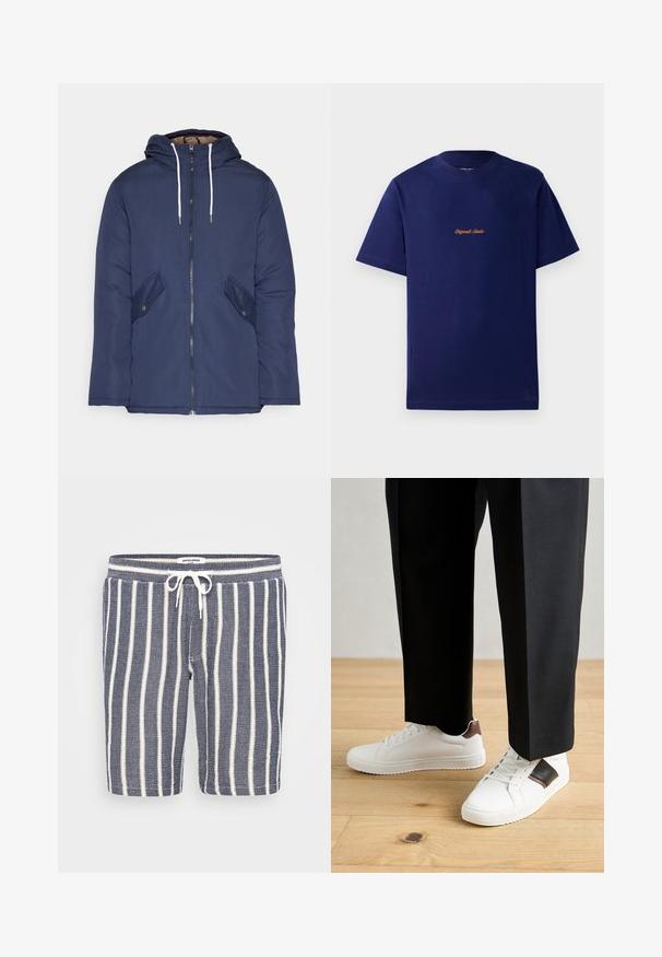 Navy blue padded jacket with a hood, featuring a front zipper, two side pockets with buttons, and white drawstrings.; Navy blue cotton t-shirt with short sleeves. Features a small, orange embroidered logo at the chest. Classic crew neck design.; Blue and white striped shorts made of textured fabric, featuring an elastic waistband with a drawstring. Length is mid-thigh.; White sneakers with smooth texture, featuring brown leather accents and black detailing, paired with black tailored pants. Wooden floor background.