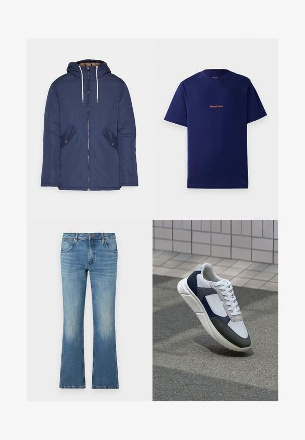 Casaco acolchoado azul-marinho com capuz, apresentando um fecho frontal com zíper, dois bolsos laterais com botões e cordões brancos.; T-shirt de algodão azul-marinho com mangas curtas. Apresenta um pequeno logótipo bordado laranja no peito. Design clássico de gola redonda.; Jeans de ganga azuis com corte flare, acabamento desbotado, design de cinco bolsos e fecho com botão de metal. Textura suave, cintura de média altura.; Sapatilhas brancas, azuis-marinho e cinzas com um design de materiais mistos, apresentando uma parte superior texturizada, atacadores planos e uma sola acolchoada.