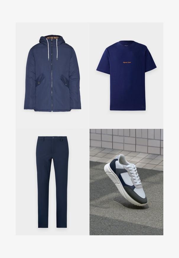 Granatowa pikowana kurtka z kapturem, z zamkiem z przodu, dwoma bocznymi kieszeniami z guzikami oraz białymi sznurkami.; Granatowa bawełniana koszulka z krótkim rękawem. Na piersi znajduje się małe, pomarańczowe haftowane logo. Klasyczny krój z okrągłym dekoltem.; Granatowe spodnie wykonane z gładkiego materiału, z zapięciem na guzik, przednimi kieszeniami oraz dopasowanym, prostym krojem nogawek.; Białe, granatowe i szare sneakersy o mieszanej konstrukcji, z teksturowanym wierzchem, płaskimi sznurowadłami i amortyzowaną podeszwą.