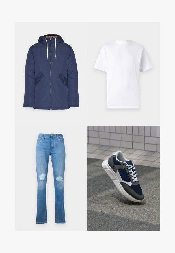 Jūrinė mėlyna pūkinė striukė su kapišonu, turinti priekinį užtrauktuką, dvi šonines kišenes su sagomis ir baltus raiščius.; Baltas trumpas rankovės marškinėlis, pagamintas iš medvilnės, su apvaliu kaklu, pasižymintis lygiu paviršiumi ir paprastu dizainu be raštų ar akcentų.; Šviesiai mėlynos džinsinės kelnės su tiesiomis kojomis, turinčios nudilusius kelius su suplėšytais kraštais ir klasikinį penkių kišenių dizainą.; Sportiniai bateliai su tamsiai mėlynu tinkliniu viršumi, pilkais zomšiniais akcentais, balta guma padanga ir plokščiomis baltomis raištelėmis, sukurti komfortui ir oro pralaidumui.