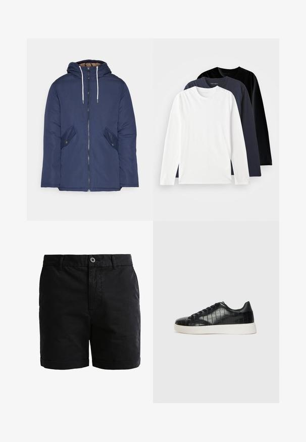 Jūras zila pufīgā jaka ar kapuci, kas aprīkota ar priekšējo rāvējslēdzēju, divām sānu kabatām ar pogām un baltiem aukliņām.; Trīs ar garām piedurknēm T-krekli, salikti vienā vietā: viens balts, viens tumši zils un viens melns. Izgatavoti no gludas kokvilnas, ar apaļiem kakla izgriezumiem un sānu slēgumiem.; Melnas kokvilnas šorti ar gludu tekstūru, pogu aizdari un salocītiem svītraines. Iezīmē jostas cilpas un priekšējās kabatas praktiskumam.; Melni sporta apavi ar teksturētu krokodila raksta ādas augšdaļu, noapaļotu pirkstu daļu un kontrastējošu baltu gumijas zoli ar gludu virsmu.