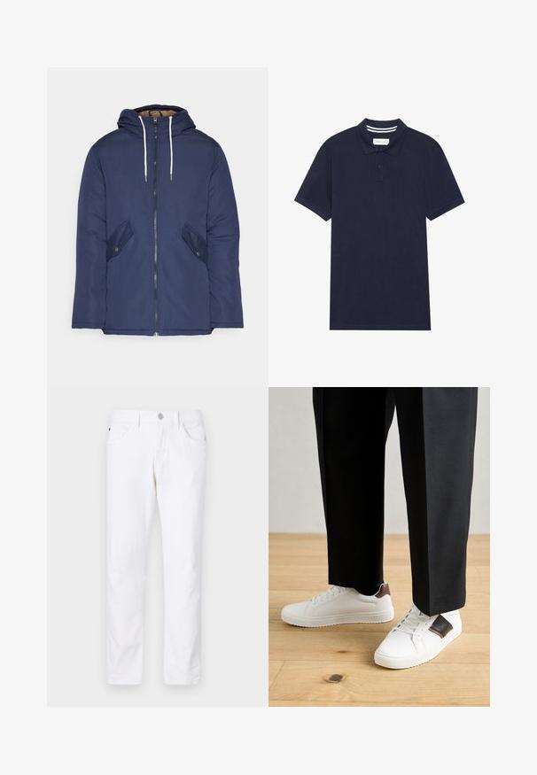 Jachetă căptușită bleu marin cu glugă, având un fermoar frontal, două buzunare laterale cu nasturi și șnururi albe.; Tricou polo bleu marin, dintr-un material texturat, cu o căptușeală cu trei nasturi, mâneci scurte și un detaliu în dungi la guler.; Jeans albe din bumbac cu un design drept, echipate cu un închizător cu buton, cinci buzunare și detalii de cusătură subtile.; Sneakers albe cu textură netedă, având accente din piele maro și detalii negre, asociate cu pantaloni negri pe măsură. Fundal din podea din lemn.