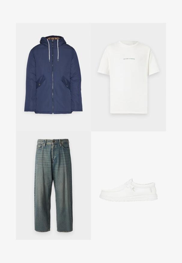 Marineblau gepadded Jacke mit Kapuze, ausgestattet mit einem Reißverschluss vorne, zwei seitlichen Taschen mit Knöpfen und weißen Kordeln.; Weißes Baumwoll-T-Shirt mit kurzen Ärmeln und Rundhalsausschnitt. Zentrale Schriftzüge "WILLKOMMEN IM PARADIES" in einer geschwungenen grünen Schrift.; Helle blaue Denim-Jeans mit lockerer Passform, mittelhoher Taille und geraden Beinen. Hat fünf Taschen, Gürtelschlaufen und einen Knopfverschluss.; Weiße Slipper aus strukturiertem Mesh mit flexibler Sohle, minimaler Schnürung und einem weichen Kragen für Komfort.