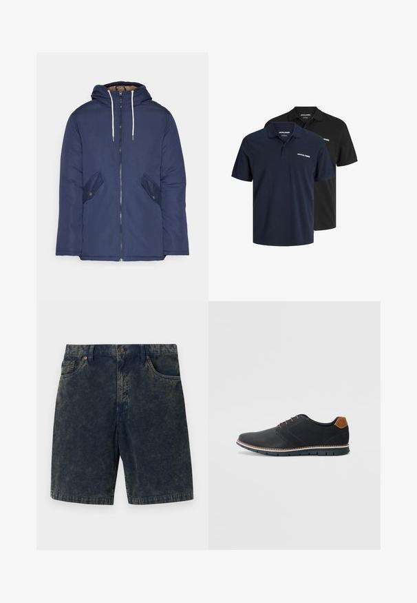 Navy blue padded jacket with a hood, featuring a front zipper, two side pockets with buttons, and white drawstrings.; Two polo shirts: one navy with white logo and one black. Both feature a classic collar and short sleeves, made from lightweight fabric.; Dark blue corduroy shorts featuring a button closure, two front pockets, and subtle lighter stripes across the fabric.; Black synthetic shoes with a textured upper, smooth accents, brown heel, and a contrasting sole. Features minimal lacing and stitch details.