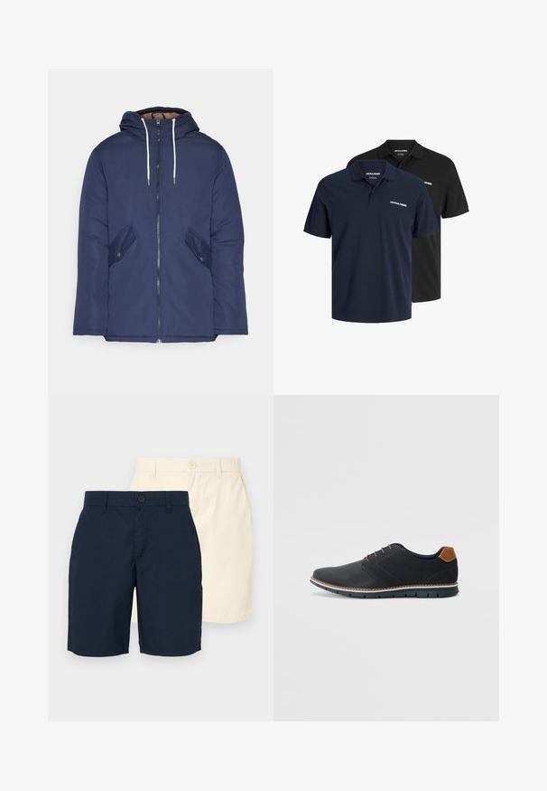 Mornarsko modra podložena jakna s kapuco, ki ima sprednji zadrgo, dva stranska žepa s gumbi in bele vrvice.; Dve polo majice: ena mornarsko modra z belo oznako in ena črna. Obe imata klasičen ovratnik in kratke rokave, izdelani so iz lahkega materiala.; Dva para kratkih hlač: ene mornarsko modre in druge svetlo bež. Obe imata ravno krojenje, gumbno zapiranje in gladko, lahko tkanino.; Črne sintetične čevlje z teksturirano zgornjščino, gladkimi akcenti, rjavim petnim delom in kontrastnim podplatom. Imajo minimalno vezanje in detajle šivanja.