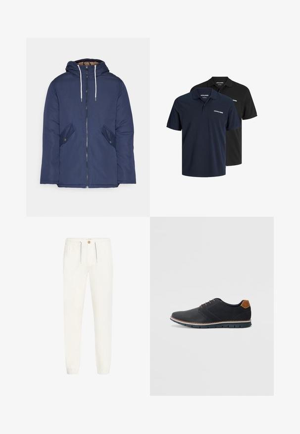 Chaqueta acolchada de color azul marino con capucha, cuenta con un cierre frontal de cremallera, dos bolsillos laterales con botones y cordones blancos.; Dos camisetas polo: una azul marino con logo blanco y otra negra. Ambas cuentan con un cuello clásico y mangas cortas, hechas de un tejido ligero.; Pantalones blancos y ligeros hechos de una tela suave. Presentan una cintura elástica con cordón, cierre de botón y puños de canalé.; Zapatos sintéticos negros con un upper texturizado, acentos lisos, tacón marrón y una suela en contraste. Presenta un cordón mínimo y detalles de costura.