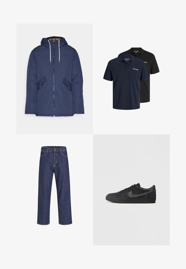 Jūrinė mėlyna pūkinė striukė su kapišonu, turinti priekinį užtrauktuką, dvi šonines kišenes su sagomis ir baltus raiščius.; Duos polo marškiniai: vieni tamsiai mėlyni su baltu logotipu, o kiti juodi. Abu turi klasikinį apykaklę ir trumpas rankoves, pagaminti iš lengvos medžiagos.; Tamsiai mėlynos džinsinės kelnės su tiesiu kirpimu, penkių kišenių dizainu, metaline sagte ir kontrastingomis siūlėmis, pasižyminčios subtilia tekstūra.; Juodi suediniai sportbačiai su žemu profiliu, guminiu padu, tekstūruotomis šoninėmis dalimis ir toniniu Nike swoosh logo. Su raišteliais priekyje, paminkštintu apykakle.