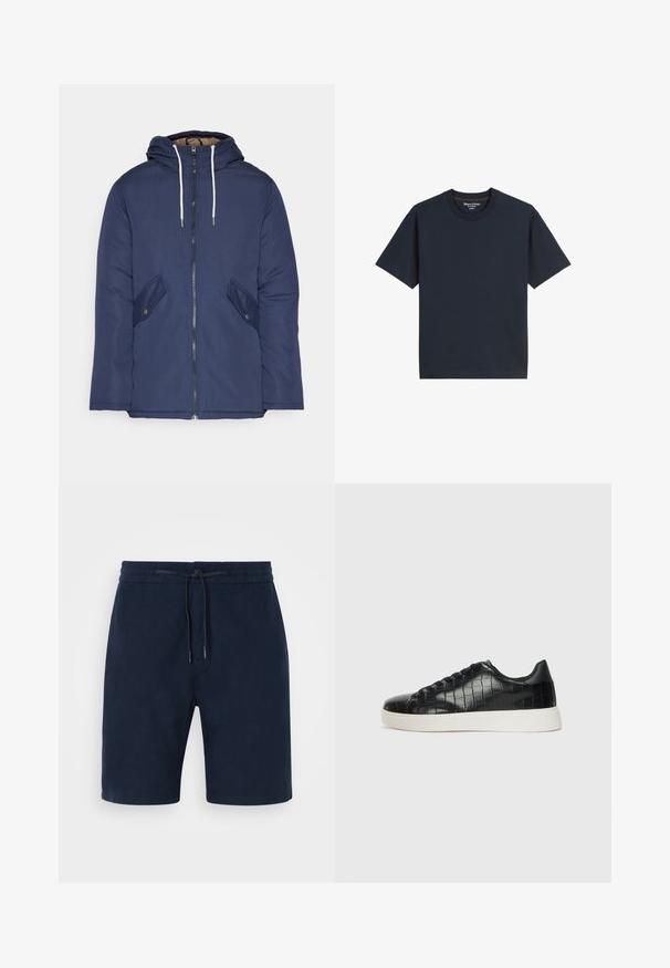Marineblau gepadded Jacke mit Kapuze, ausgestattet mit einem Reißverschluss vorne, zwei seitlichen Taschen mit Knöpfen und weißen Kordeln.; Navyblaue Baumwoll-T-Shirt mit Rundhalsausschnitt und kurzen Ärmeln. Einfaches Design ohne sichtbare Muster oder Akzente.; Marineblaue Shorts aus weichem Stoff mit einem elastischen Bund und verstellbarem Kordelzug, Seitentaschen und geraden Beinen.; Schwarze Sneakers mit einer strukturierten, krokodilPrägung aus Leder, runder Zehenpartie und einer kontrastierenden weißen Gummisohle mit glatter Oberfläche.