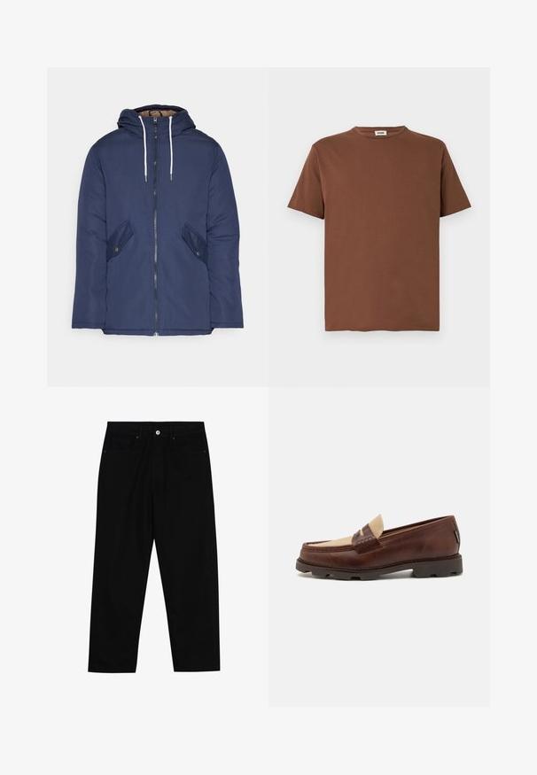 Veste matelassée bleu marine avec capuche, dotée d'une fermeture éclair à l'avant, de deux poches latérales avec boutons et de cordons de serrage blancs.; T-shirt en coton marron avec un col rond et des manches courtes. Le tissu a une texture lisse et une coupe régulière.; Pantalons en denim noir avec une coupe droite, un design à cinq poches et une fermeture à bouton à l'avant. Texture lisse avec des détails de couture minimaux.; Mocassins en cuir marron avec une touche en toile taupe, détails cousus et semelle en caoutchouc texturé, conçue pour le confort et la durabilité.