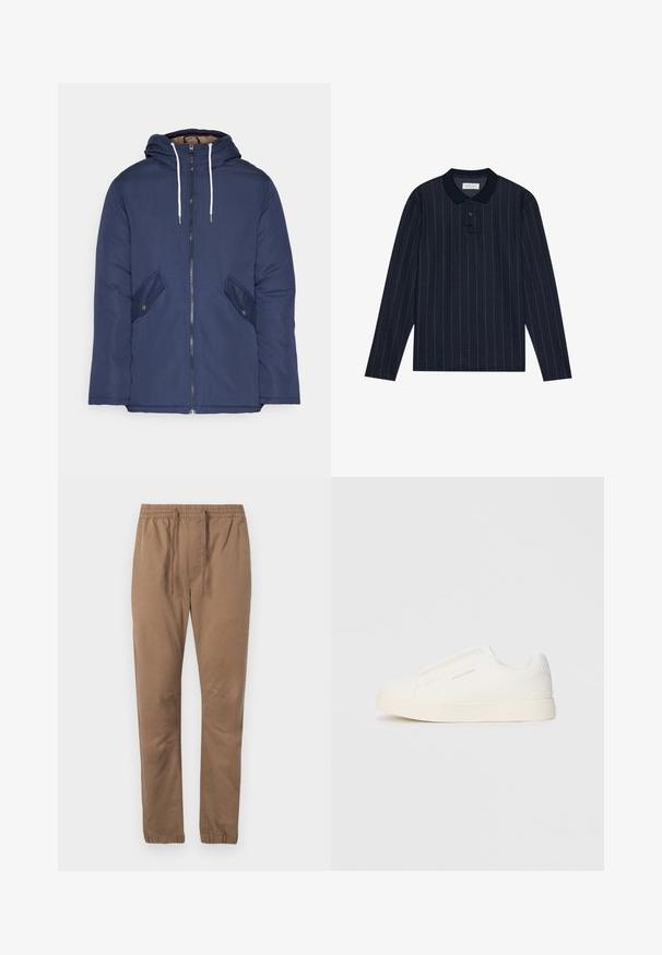 Navy plava podstava jakna s kapuljačom, koja ima prednji patentni zatvarač, dva bočna džepa s gumbima i bijele špage.; Mornarska polo majica s dugim rukavima i ovratnikom, s tankim vertikalnim prugama i placket-om s tri gumba. Mekana tkanina.; Smešane smeđe hlače od pamuka s elastičnim pojasom, podesivim vezicom i suženim manžetama. Glatka tekstura, bez vidljivih uzoraka ili opreme.; Bijele slip-on tenisice s teksturiranom površinom, debelim đonom i minimalističkim dizajnom. Sadrže logo branda sa strane.